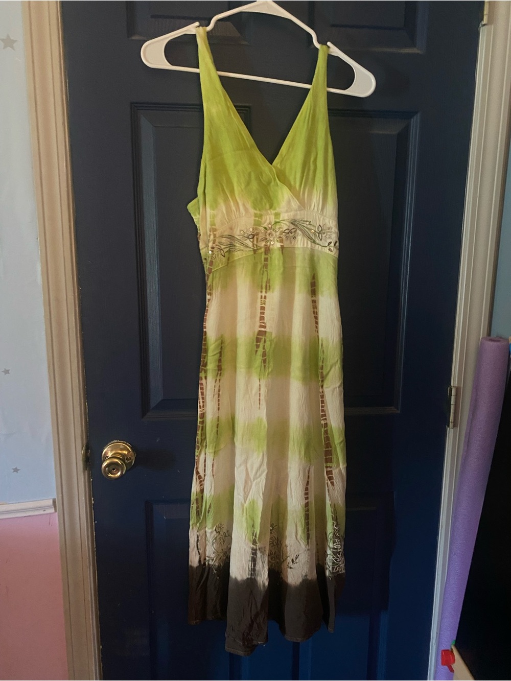 Blue Sky Green and Cream Tie-Dye V‑Neck Maxi Dress